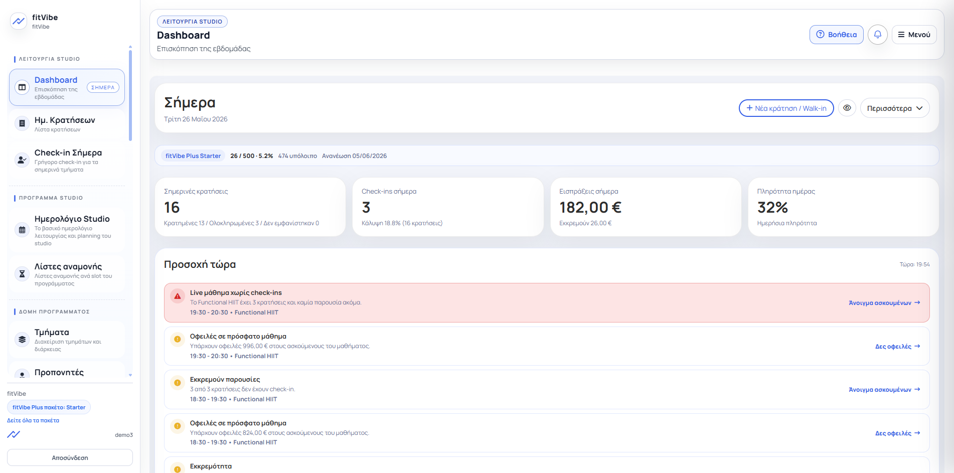 Κεντρικό dashboard fitVibe για studios
